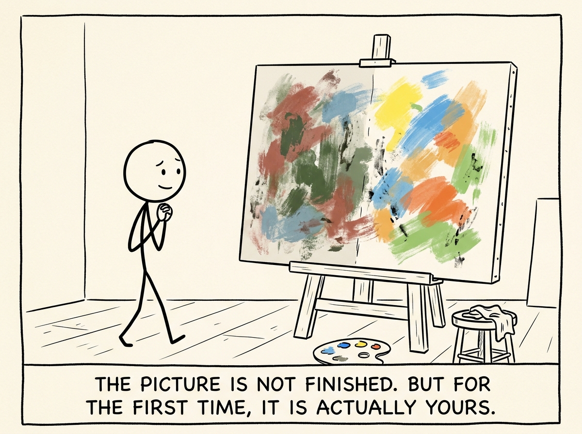 The stick figure stepping back to see a canvas that is part old colors and part new ones, imperfect but uniquely theirs, with a quiet look of recognition