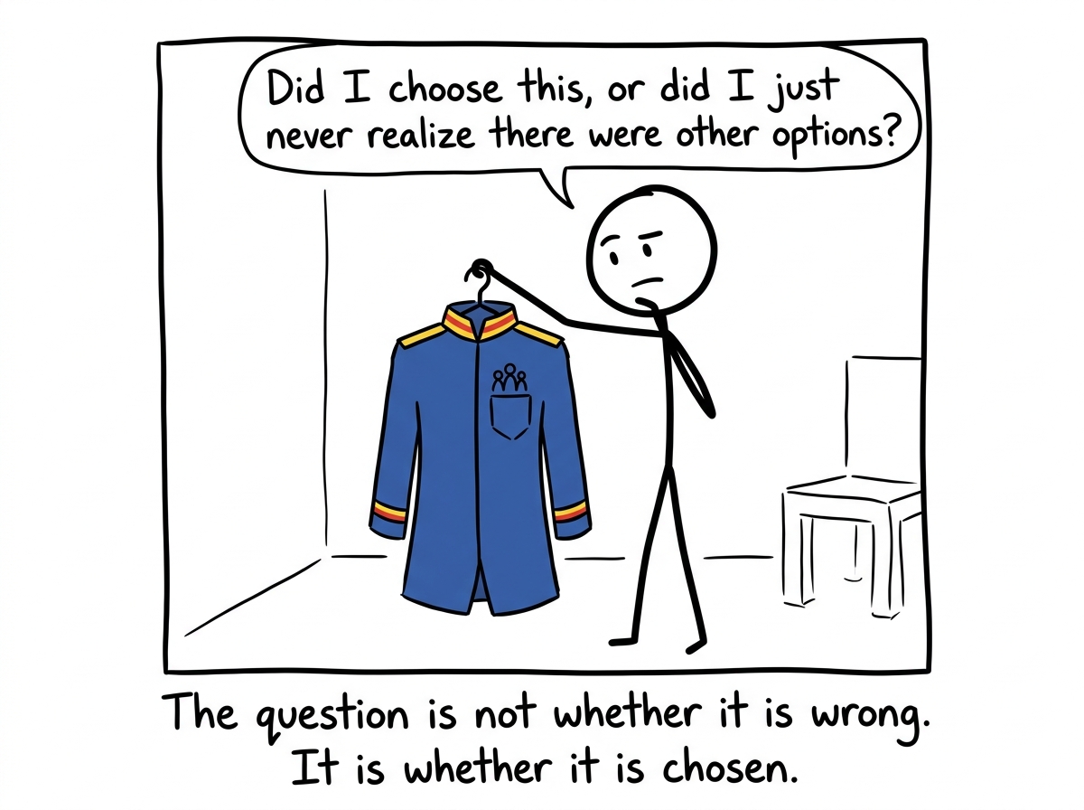 A stick figure holding up the family uniform and asking 'Did I choose this, or did I just never realize there were other options?'