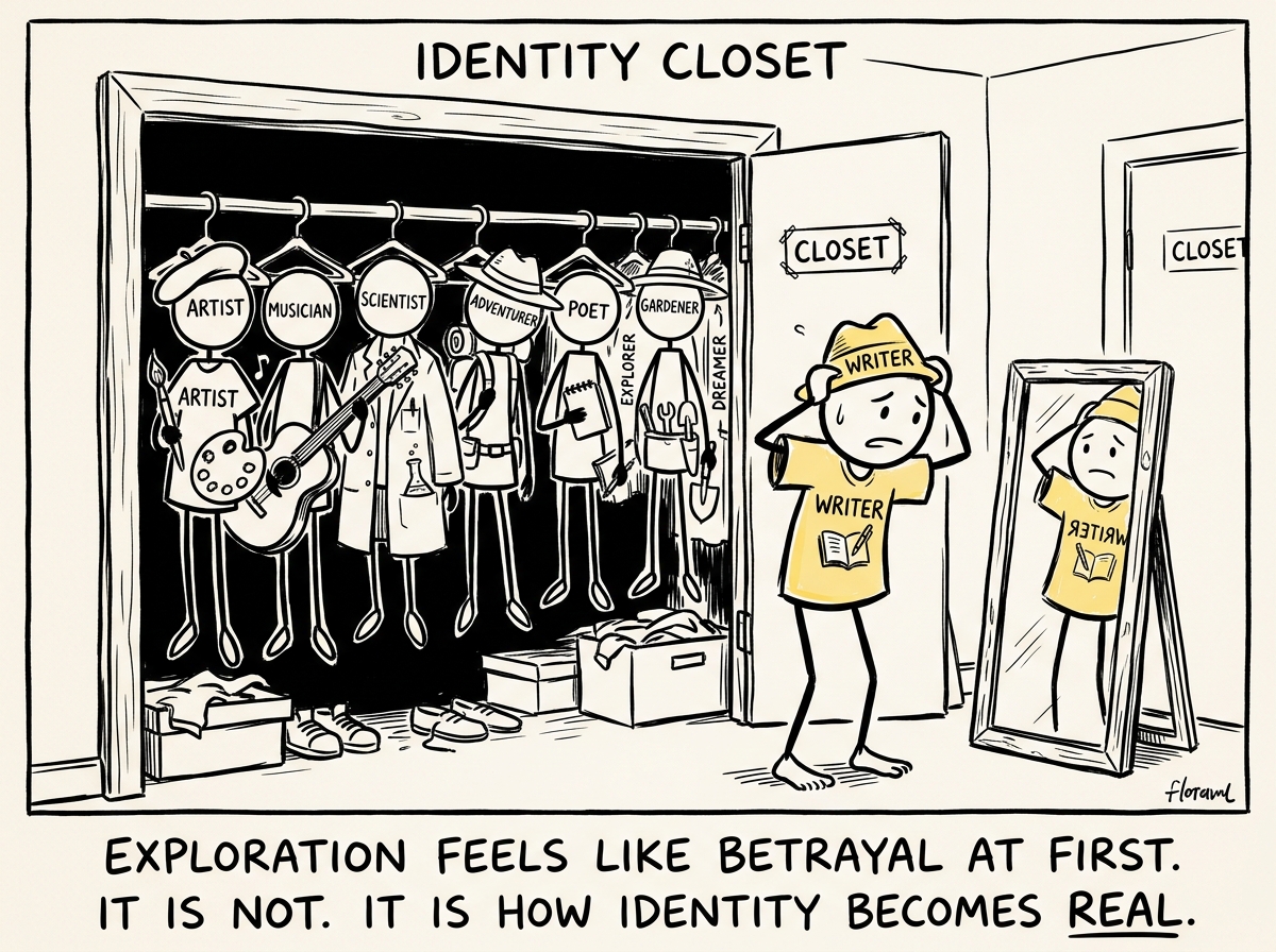 The stick figure visiting a closet of different identities for the first time, tentatively trying on a new one