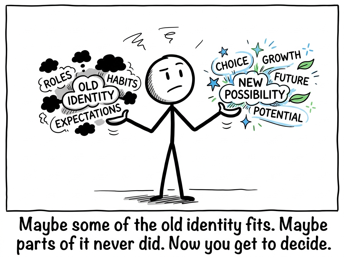 The stick figure holding the old identity in one hand and a new possibility in the other, weighing them honestly