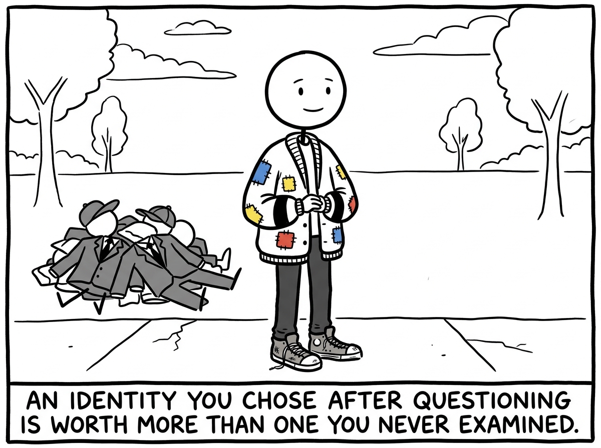 The stick figure wearing a mix of old and new pieces, looking like themselves for the first time, standing with quiet confidence