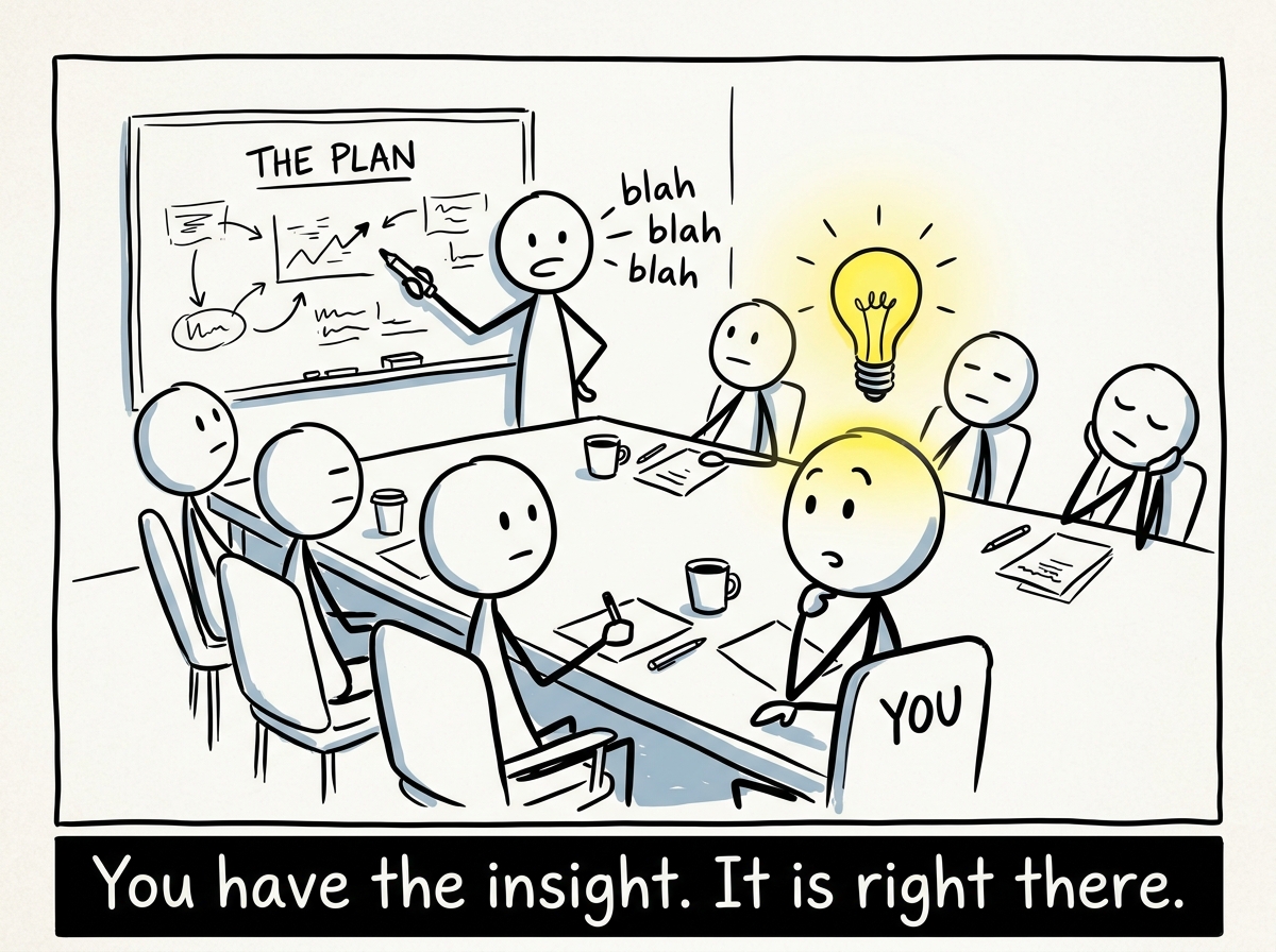 A stick figure in a meeting room full of colleagues, with a lightbulb appearing above their head as they notice a flaw in the plan being presented