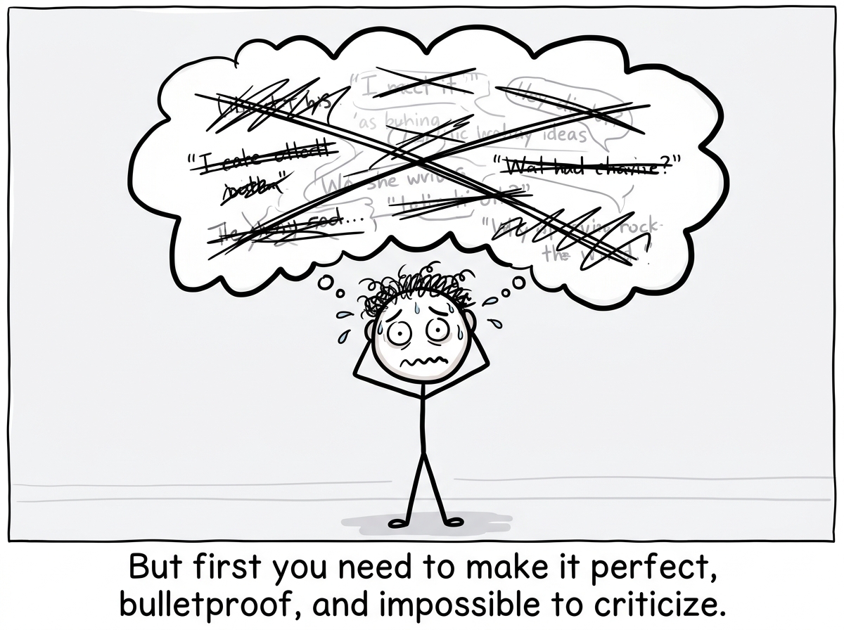 The stick figure mentally rehearsing what to say with multiple crossed-out drafts floating in their thought bubble, looking increasingly anxious