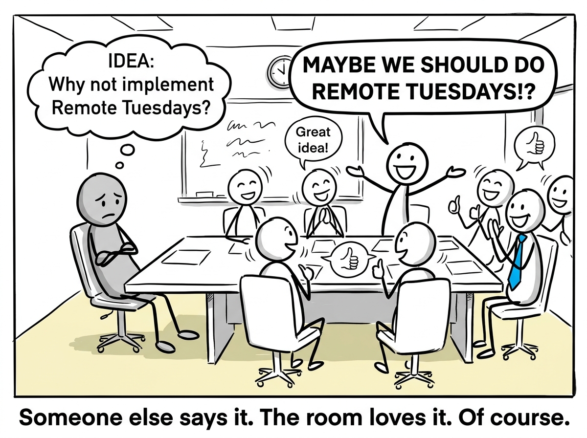 Another colleague saying the exact same idea out loud while everyone nods enthusiastically, and the stick figure slumping in their chair