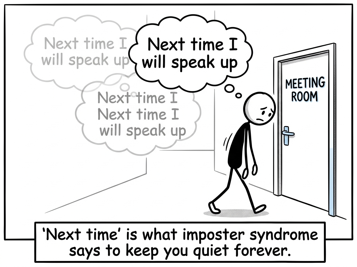 The stick figure walking out of the meeting looking deflated, with a thought bubble reading 'Next time I will speak up' -- the same thought bubble shown faintly repeated behind them from previous meetings