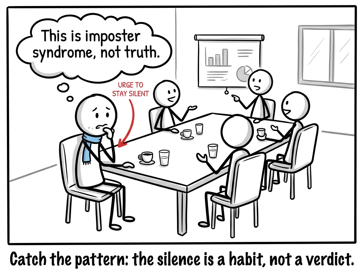 A stick figure in a meeting recognizing the familiar urge to stay silent and thinking 'This is imposter syndrome, not truth'