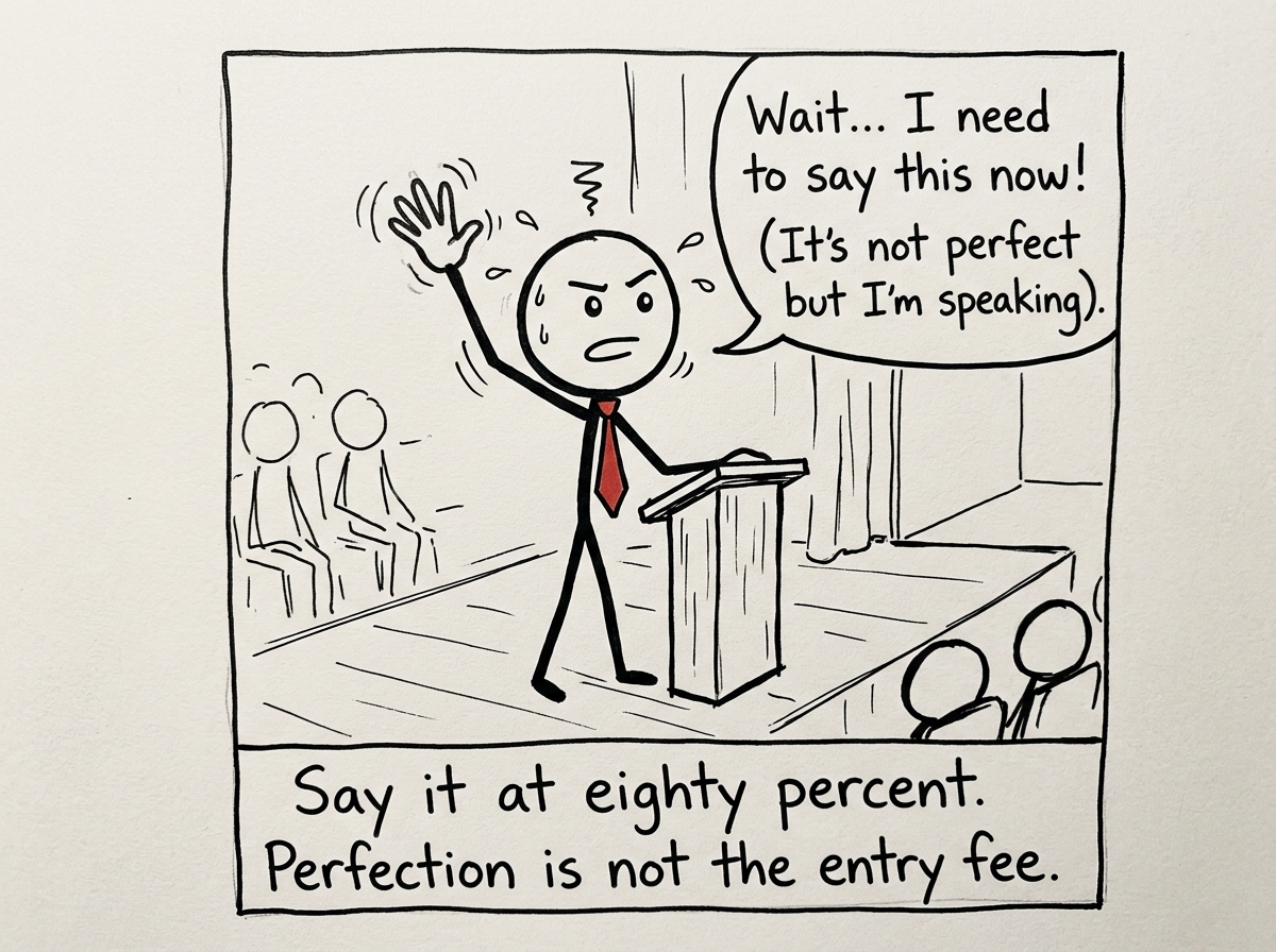 The stick figure deciding to speak before the thought is perfect, raising their hand with a shaky but determined expression