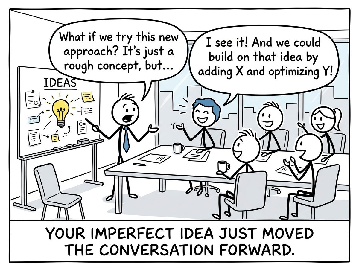 The stick figure offering their idea in the meeting and a colleague nodding and building on it, the room engaged