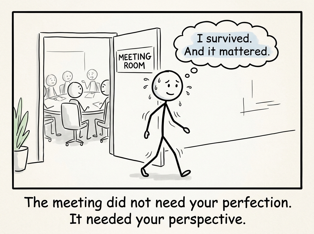 The stick figure leaving the meeting having spoken, feeling shaky but intact, with a thought bubble: 'I survived. And it mattered.'