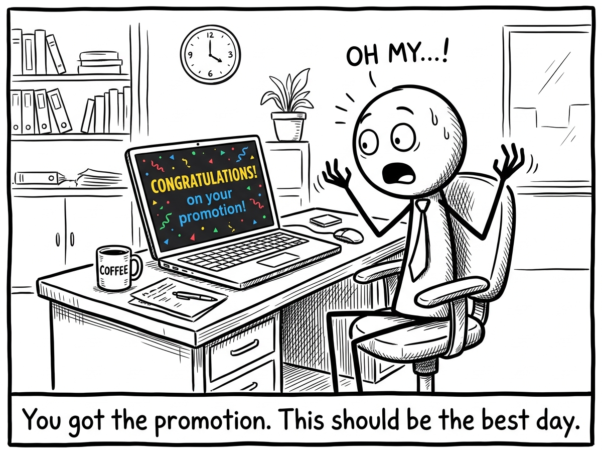 A stick figure sitting at their desk receiving an email that says 'Congratulations on your promotion!' with confetti icons, looking stunned