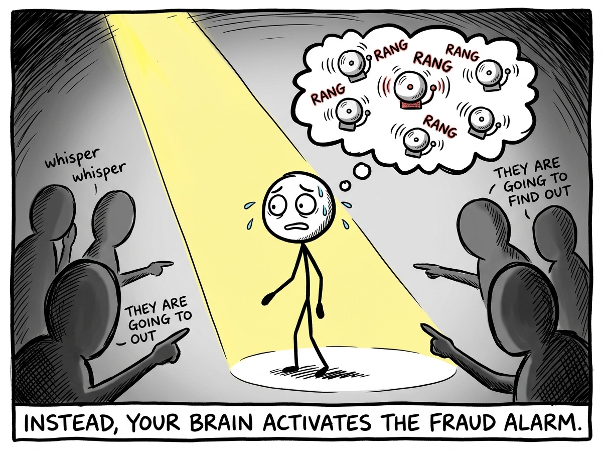 The stick figure's thought bubble filling with alarm bells and a spotlight shining on them, with shadowy figures pointing and whispering 'they are going to find out'