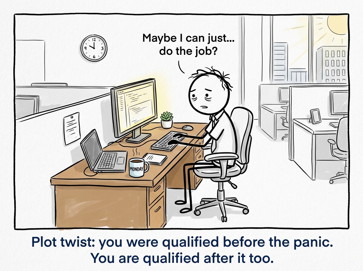 The stick figure sitting at their new desk on Monday, looking exhausted but functional, with a tiny voice balloon reading 'Maybe I can just... do the job?'