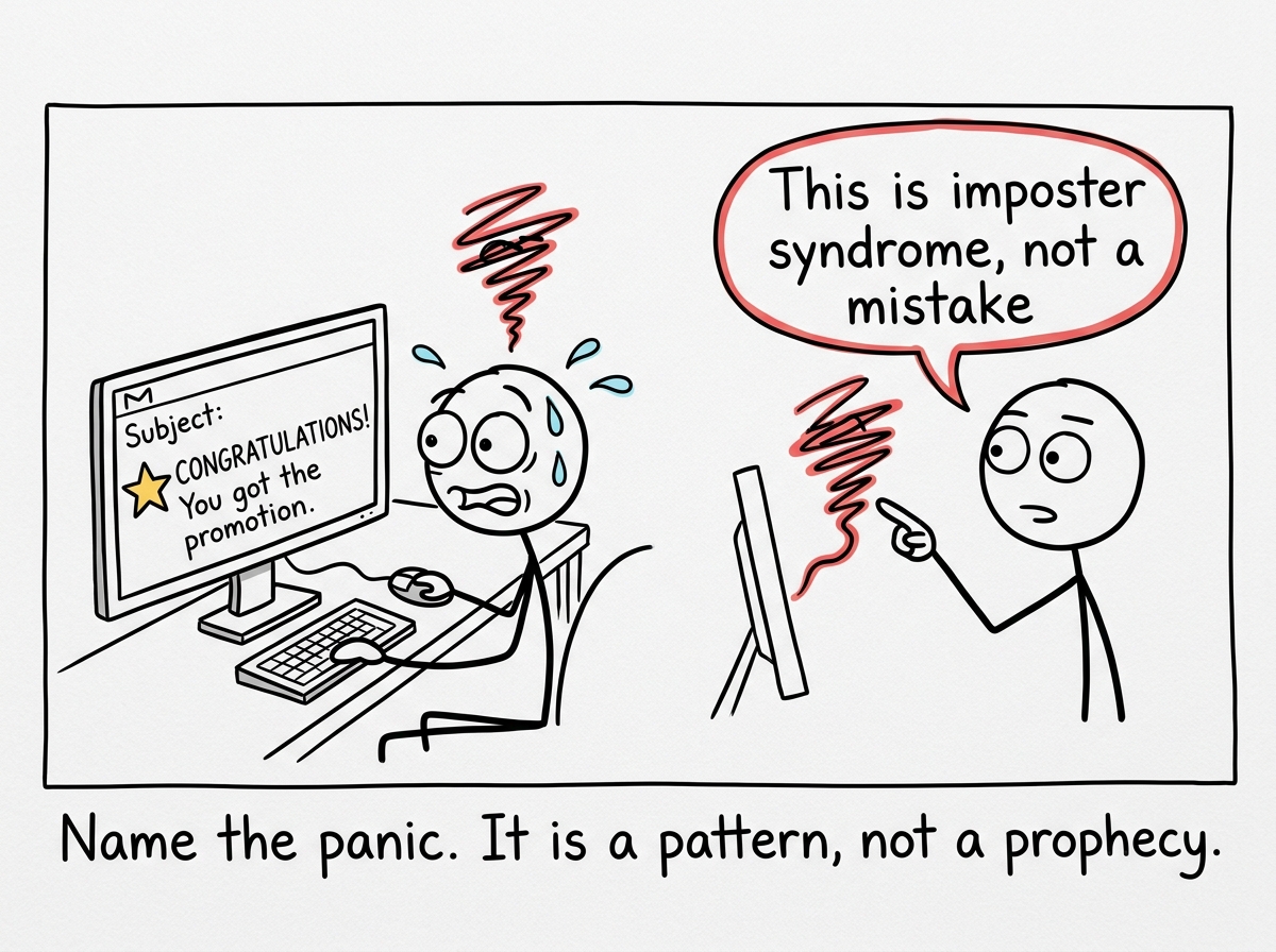 A stick figure receiving the promotion email and noticing the panic rising, then pausing to label it: 'This is imposter syndrome, not a mistake'