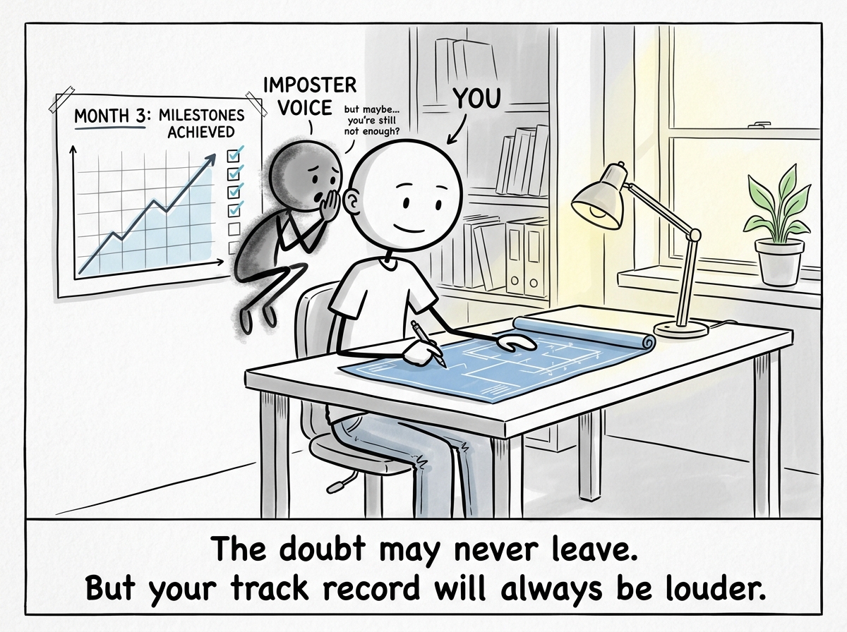 The stick figure three months in, competent and growing, with the imposter voice still whispering but much quieter