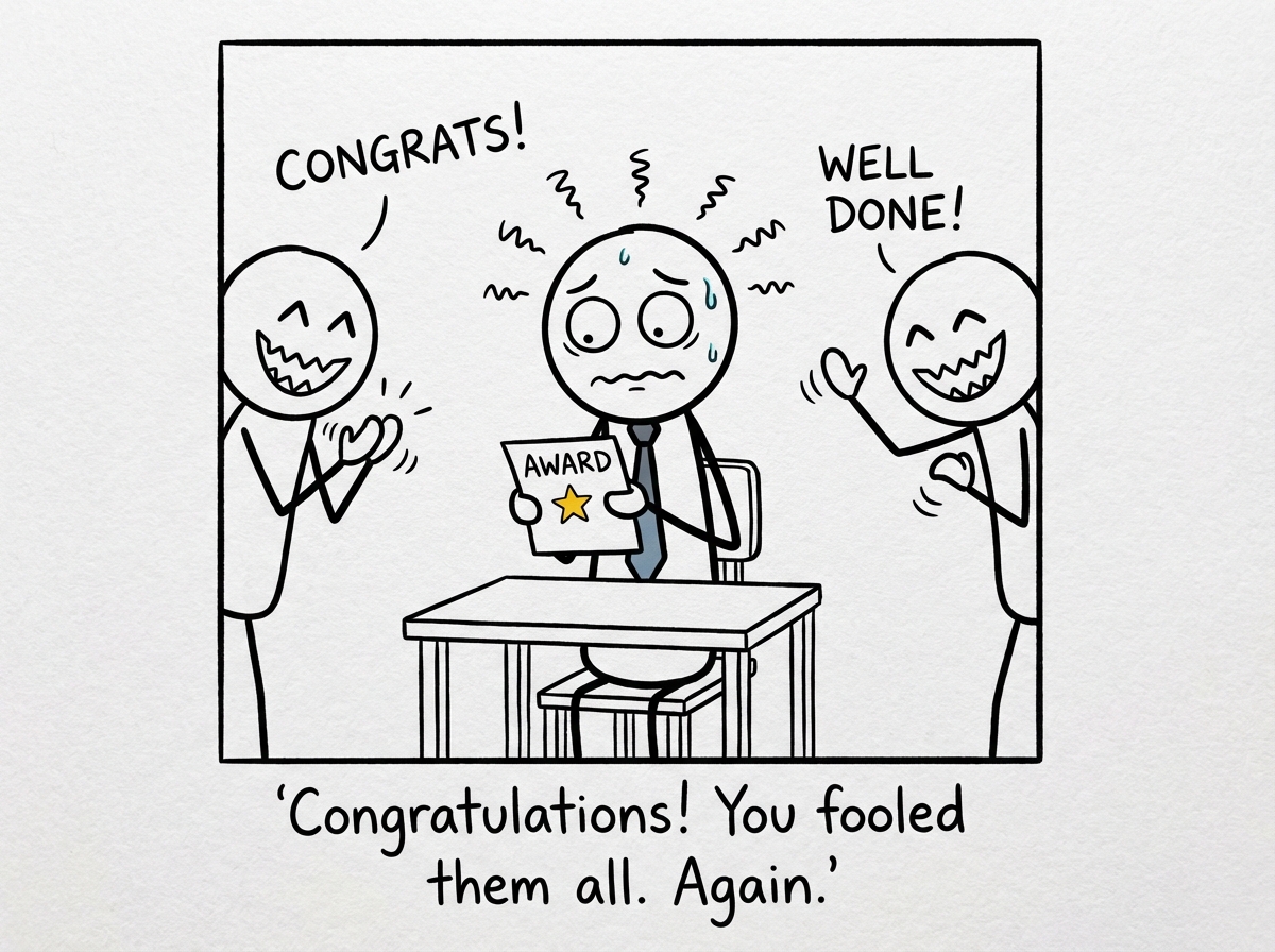 A stick figure sitting at an office desk as a smiling boss stick figure hands them a framed 'Employee of the Year' award. The main figure holds it with both hands but their thought bubble shows a sweating, panicked version of themselves.