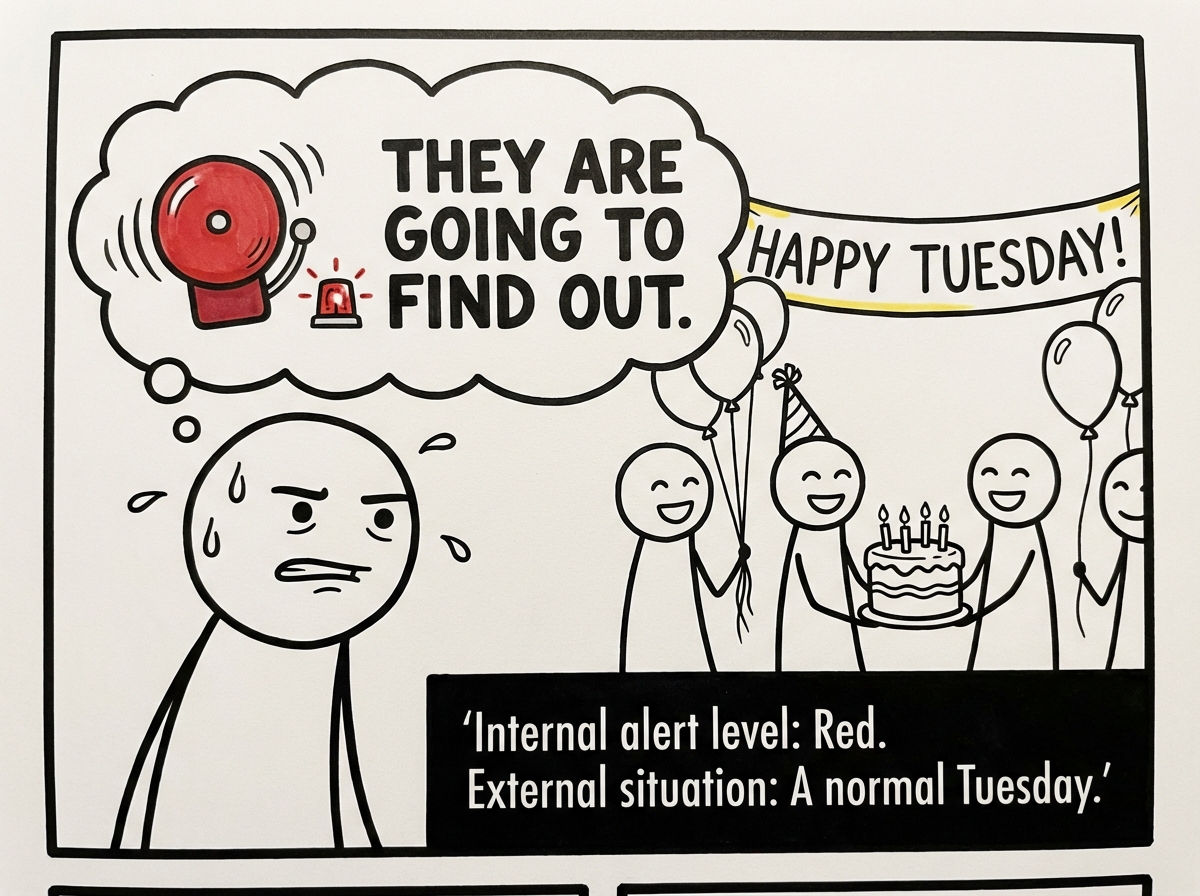 Close-up of the stick figure's head with an enormous red alarm bell going off inside their brain. Bold text in the thought bubble reads 'THEY ARE GOING TO FIND OUT.' The figure grips the award with white knuckles while smiling nervously at colleagues.