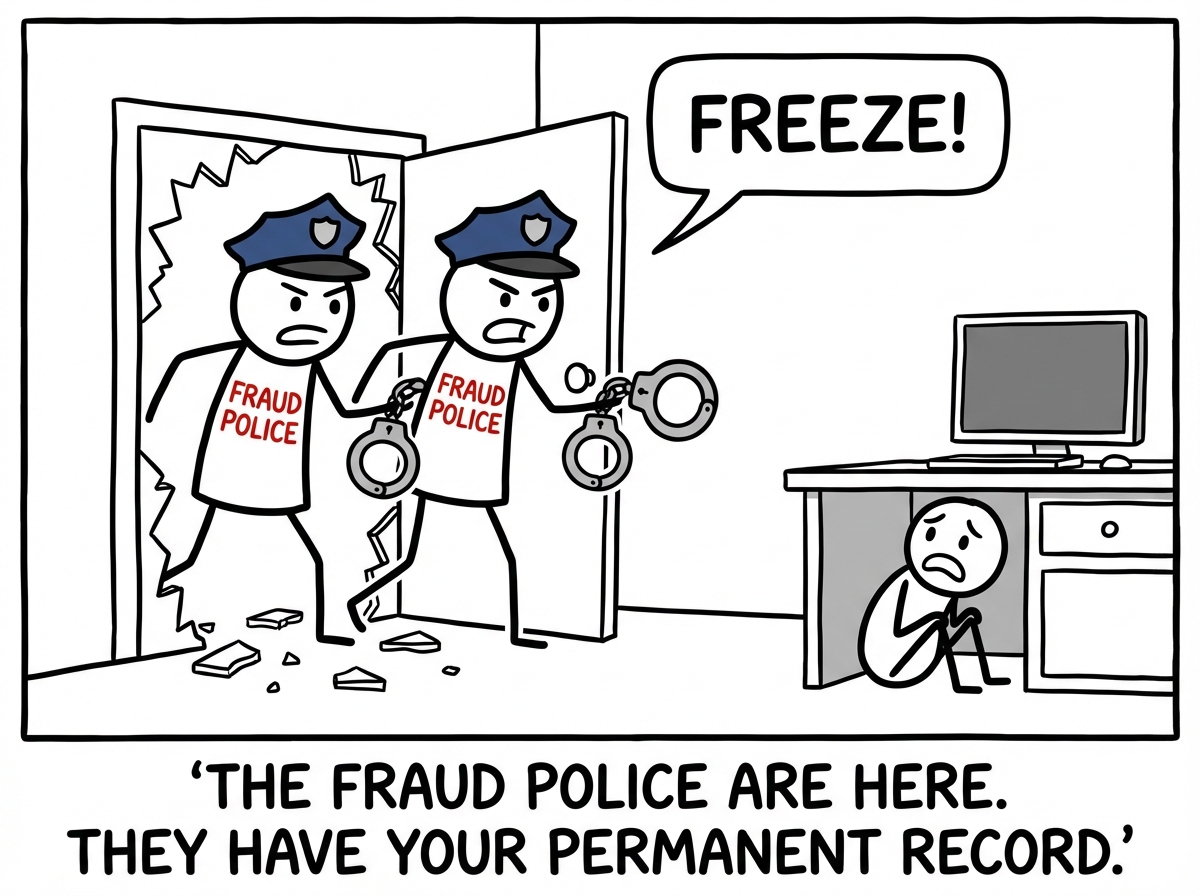 The stick figure's imagination: two large stick figures in police uniforms labeled 'FRAUD POLICE' kick down the office door. One holds handcuffs, the other holds a megaphone shouting 'WE KNEW IT.' The main figure hides behind their desk clutching the award.