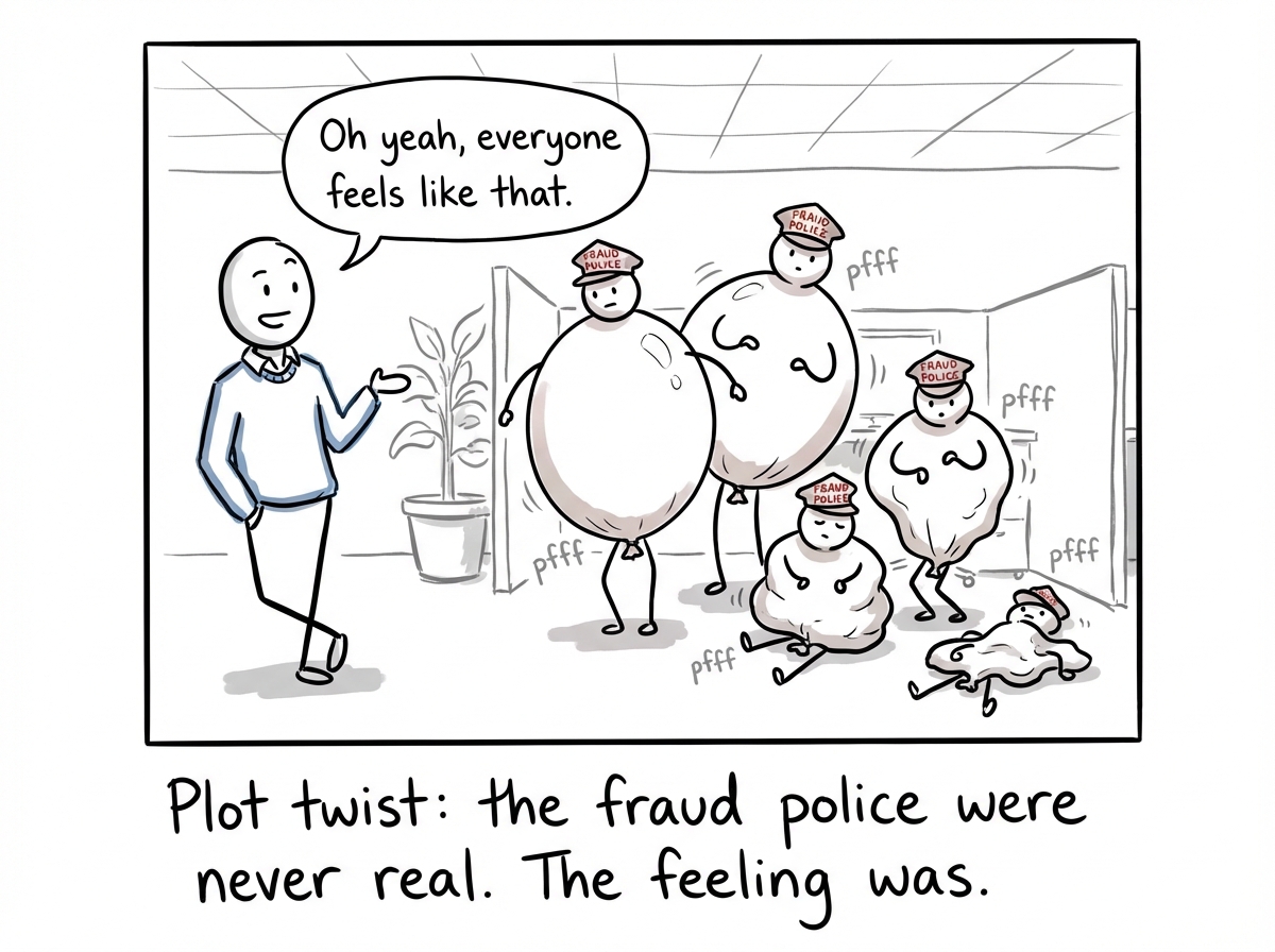 A colleague stick figure leans over casually and says 'Oh yeah, I feel like that every time I get promoted.' The Fraud Police figures in the background slowly deflate like balloons, shrinking and losing air. The main figure stares, stunned.