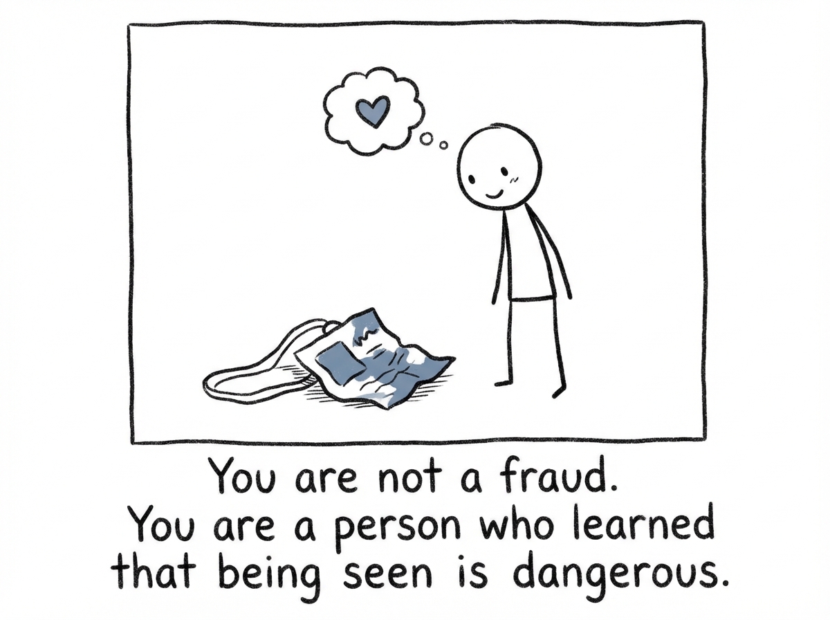 A stick figure writing a list titled 'Evidence I Belong Here' with multiple items checked off, while the deflated Fraud Police costumes lie crumpled in the corner.
