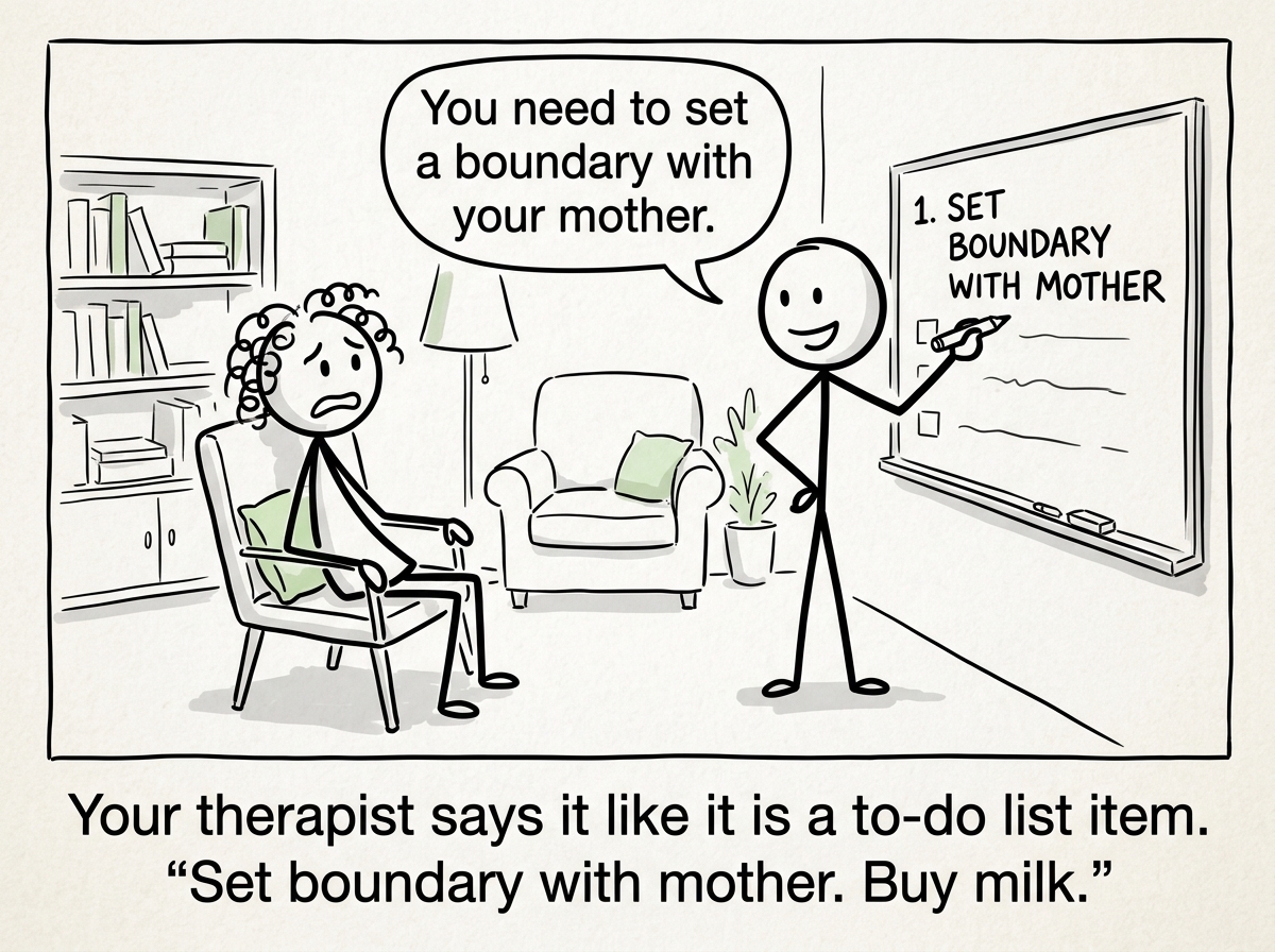 A person sitting in a therapist's office, the therapist confidently saying 'You need to set a boundary with your mother' while writing it on a whiteboard as if it is a simple task