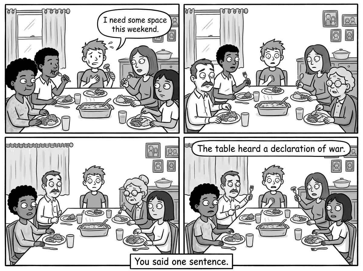 The person at a family dinner, nervously saying 'I need some space this weekend' while every family member at the table freezes mid-bite and stares in horror