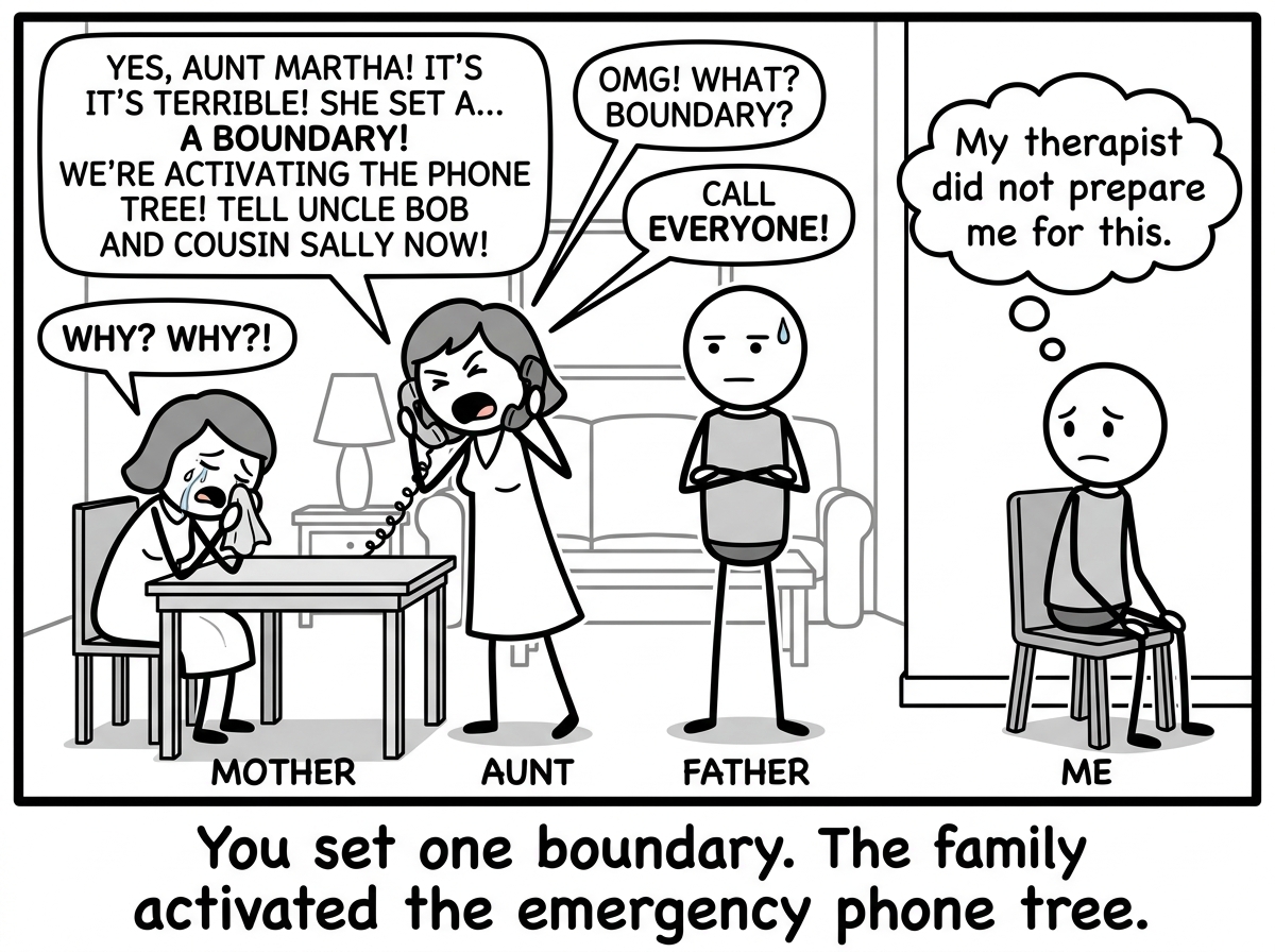 The aftermath -- the mother crying, the aunt on the phone reporting to the whole extended family, the father silent, and the person sitting alone thinking 'My therapist did not prepare me for this'