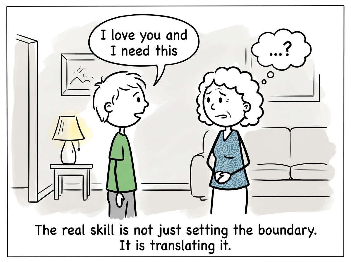 The person finding a middle path -- speaking to their mother privately, explaining 'I love you and I need this' while the mother looks uncertain but is listening