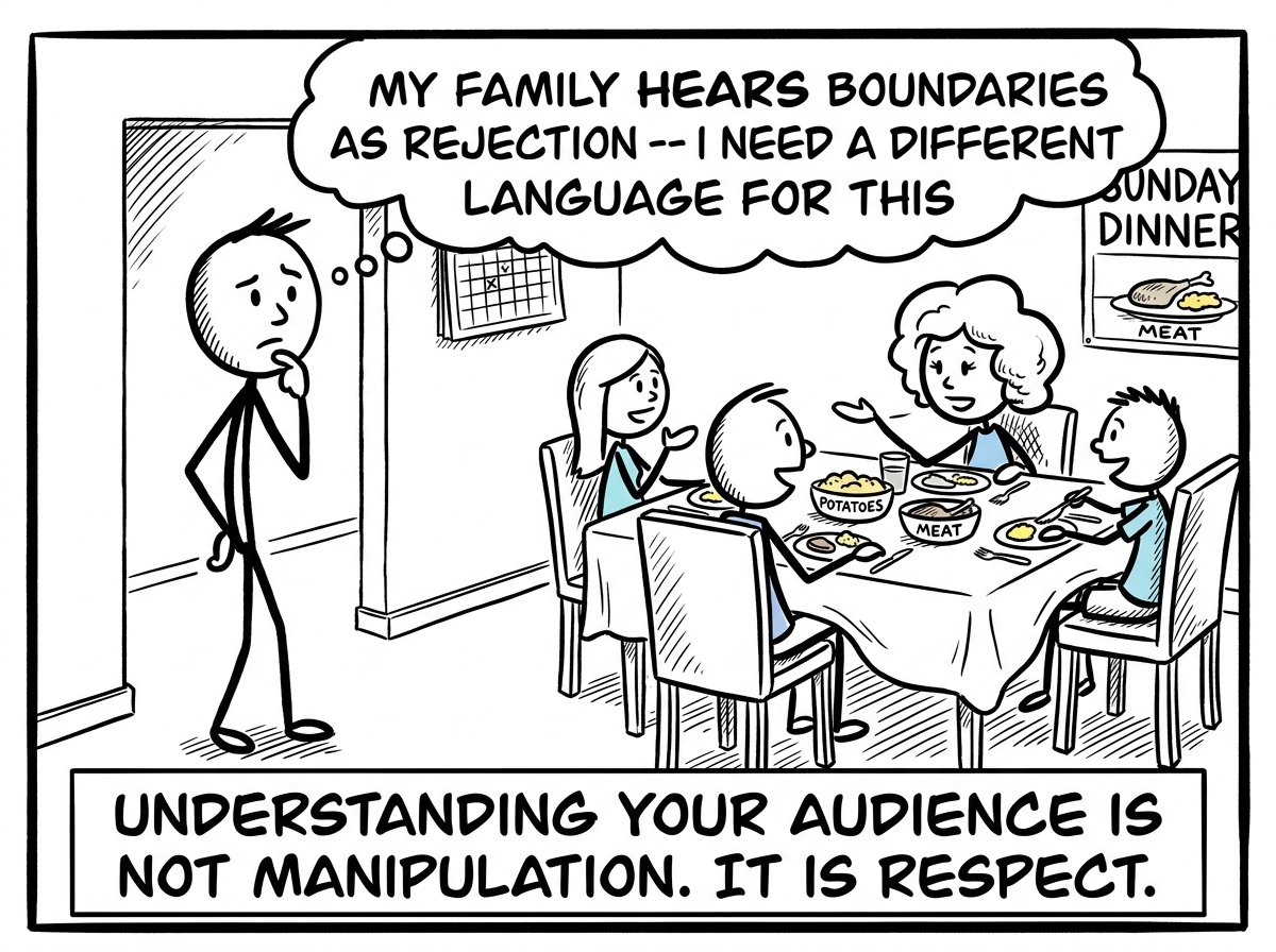 A person pausing before Sunday dinner and thinking 'My family hears boundaries as rejection -- I need a different language for this'