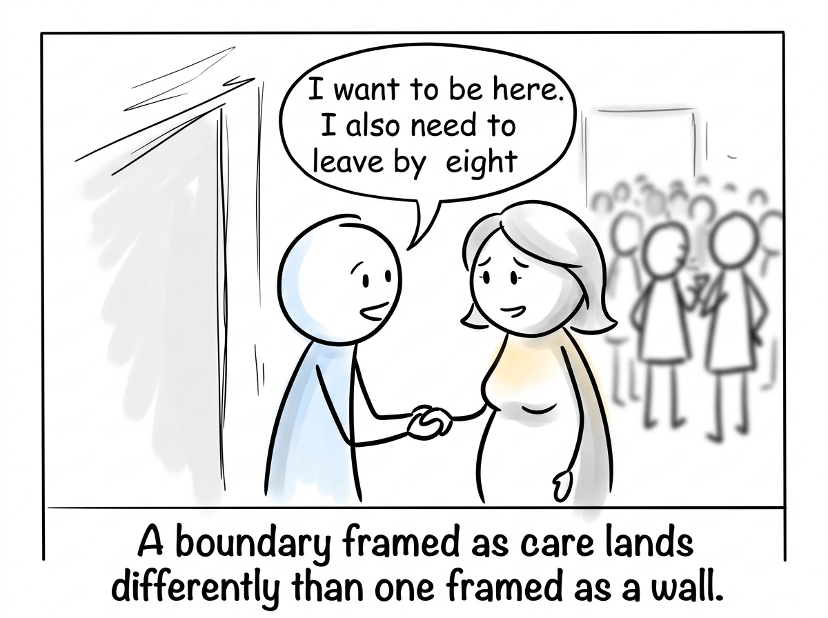 The person speaking to their mother privately before the gathering, saying 'I want to be here. I also need to leave by eight' with warmth in their voice