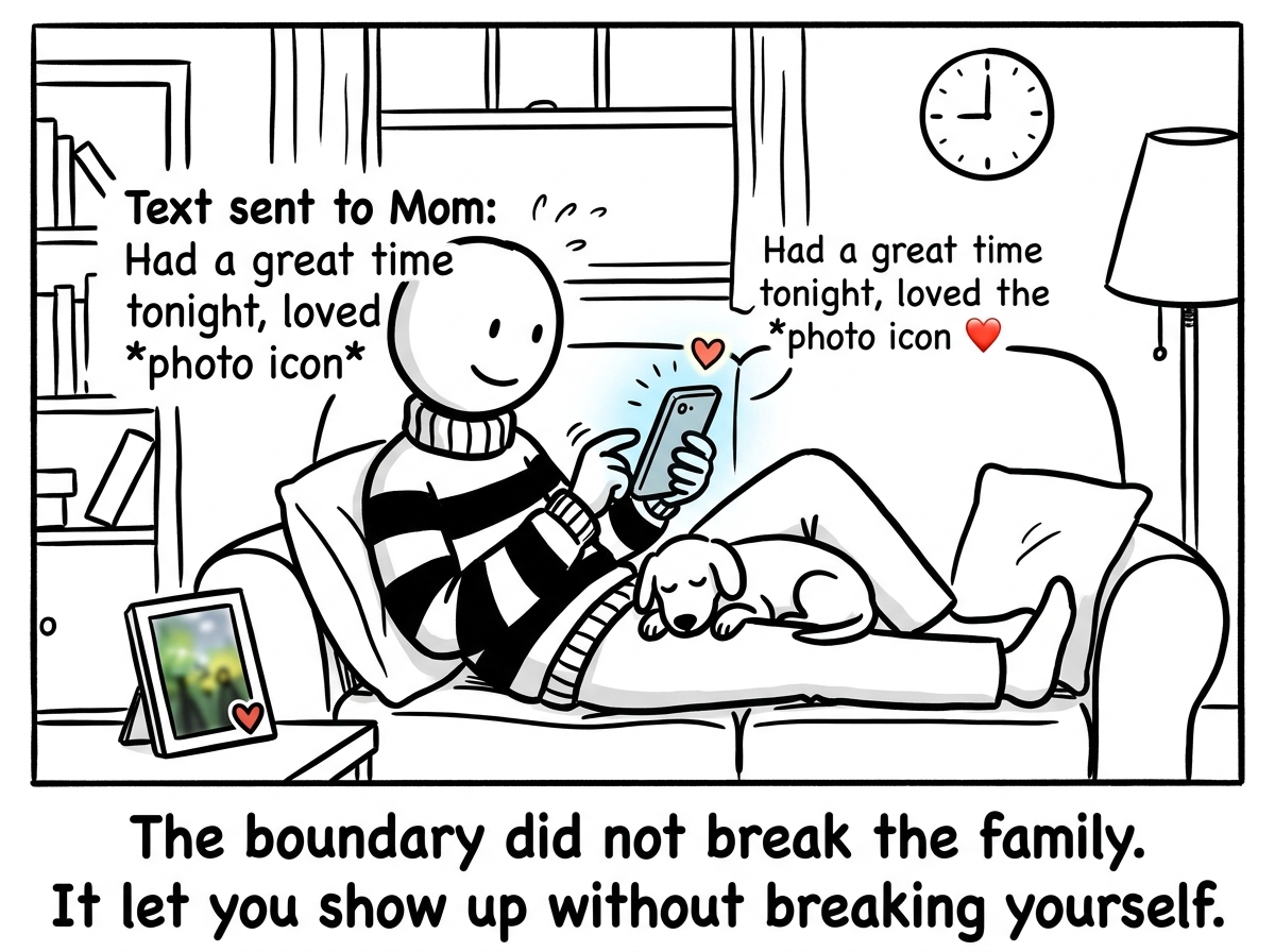 The person at home afterward, not guilty, not drained, texting their mother a photo from the evening with a heart, the relationship intact