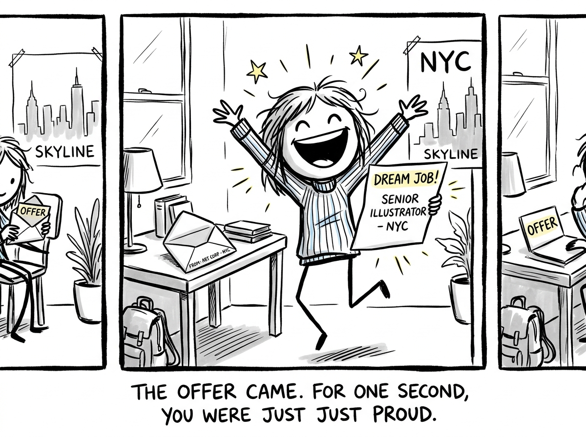 A person excitedly opening a job offer letter for their dream position in a far-away city, grinning for one pure second of joy