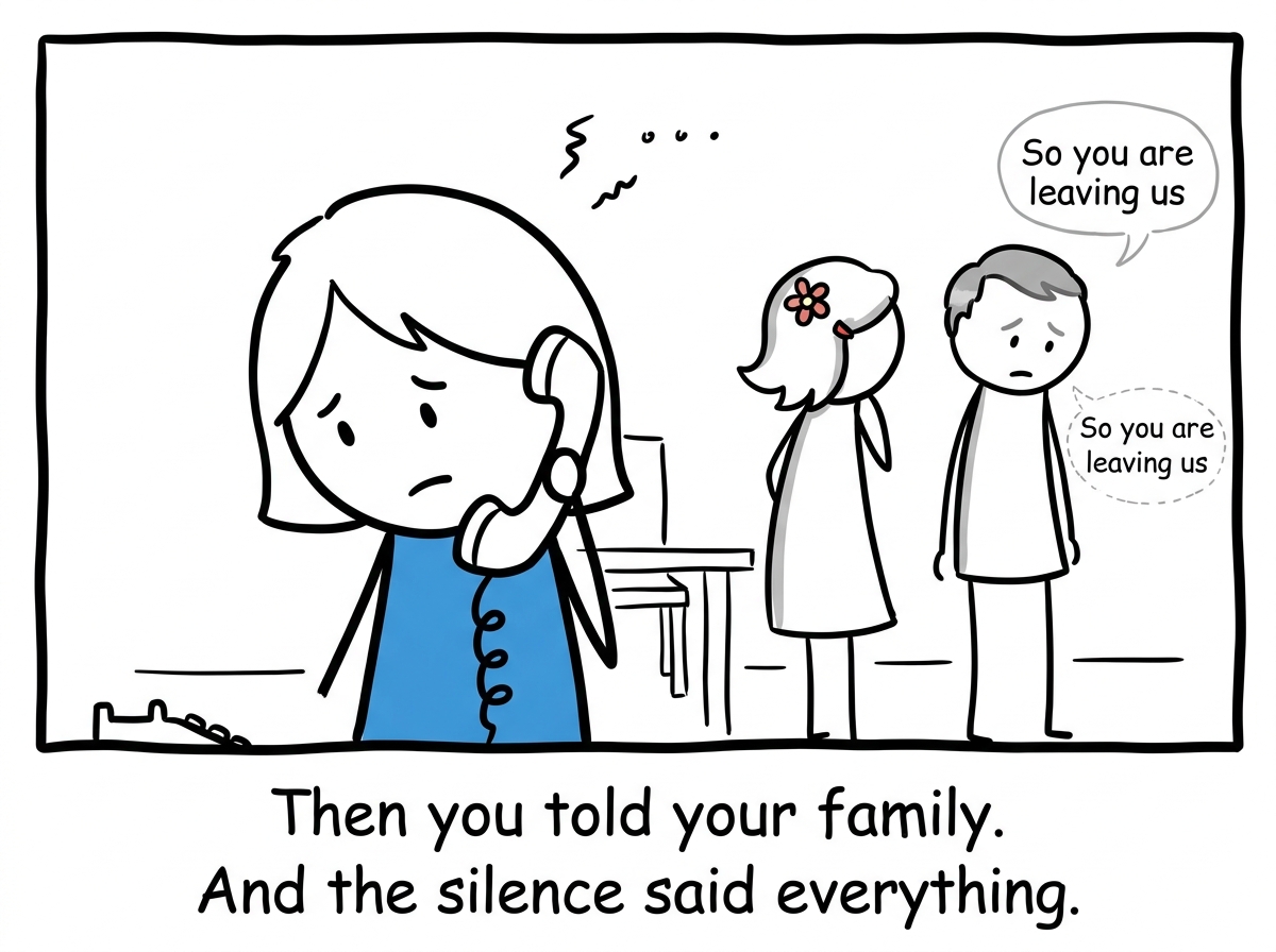 The person calling their family to share the news, and the silence on the other end is deafening -- the mother looks away, the father says 'So you are leaving us' in a quiet voice