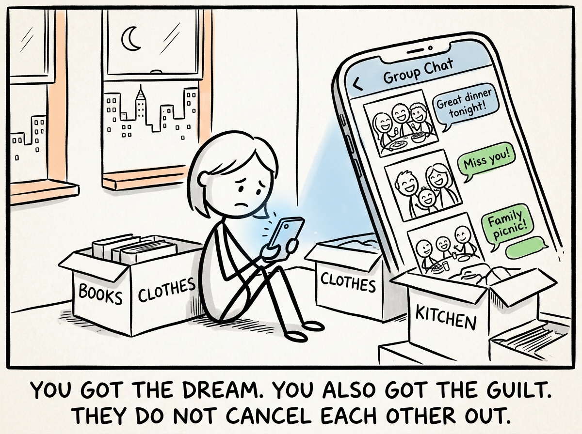 The person in their new apartment in the new city, surrounded by boxes, looking at their phone where the family group chat is active with photos of gatherings they are missing