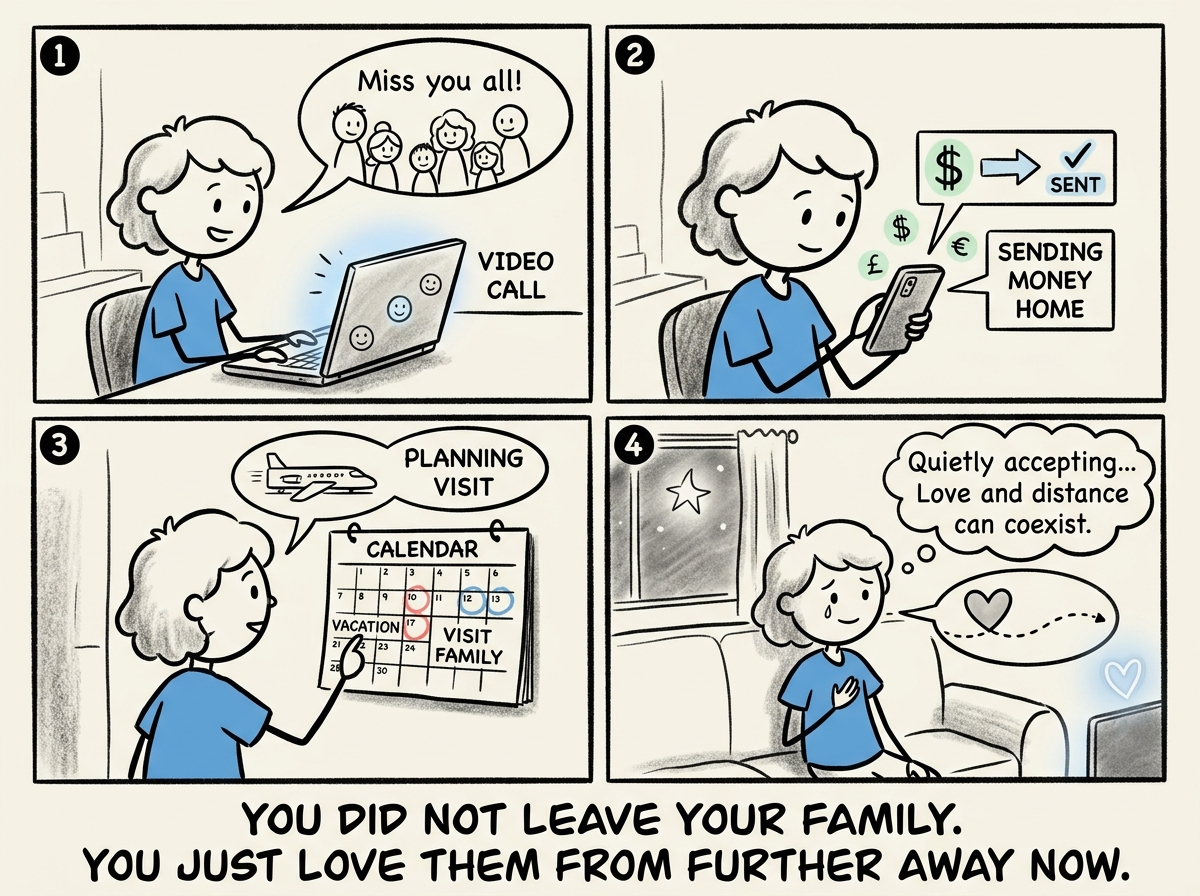 The person video-calling their family, sending money home, planning a visit, and quietly accepting that love and distance can coexist even when it hurts