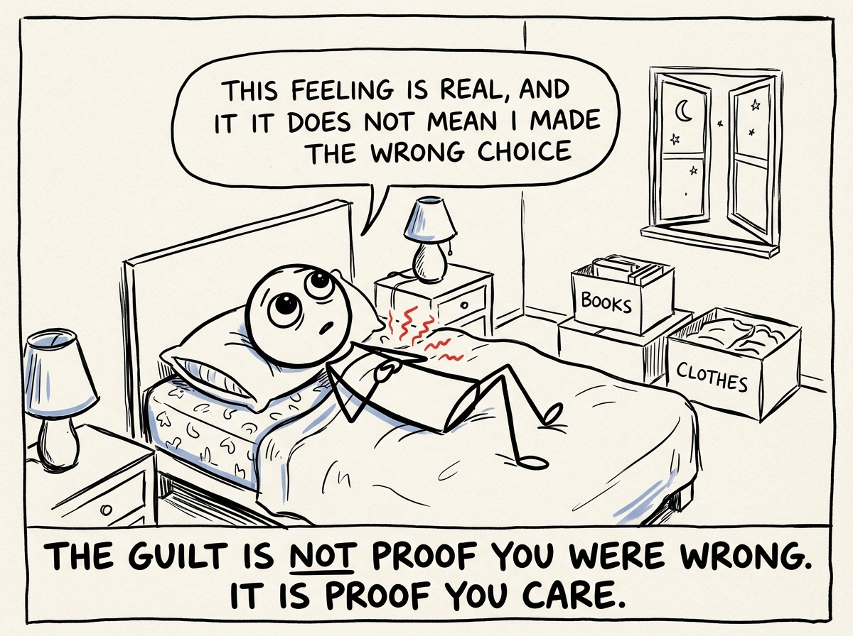 A person lying awake in their new apartment, feeling the guilt, and saying to themselves 'This feeling is real, and it does not mean I made the wrong choice'