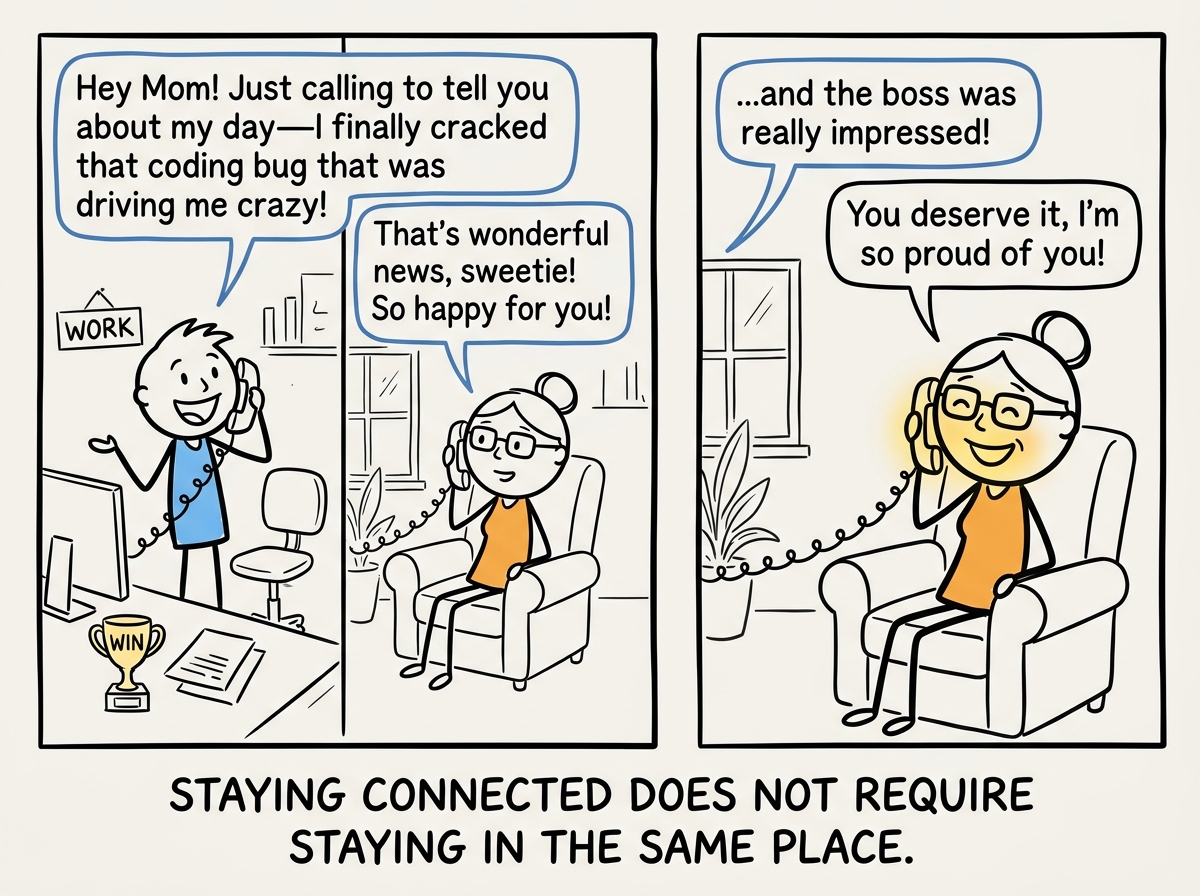 The person calling home not to apologize but to share their day, telling their parent about a small win at work while the parent listens and slowly smiles