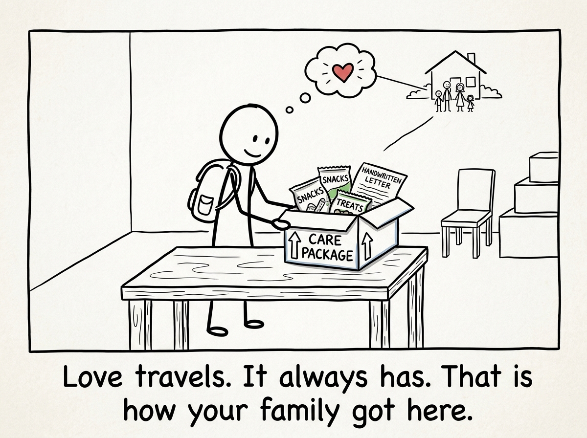 The person sending a care package home with favorite snacks and a handwritten letter, honoring the family bond across the distance