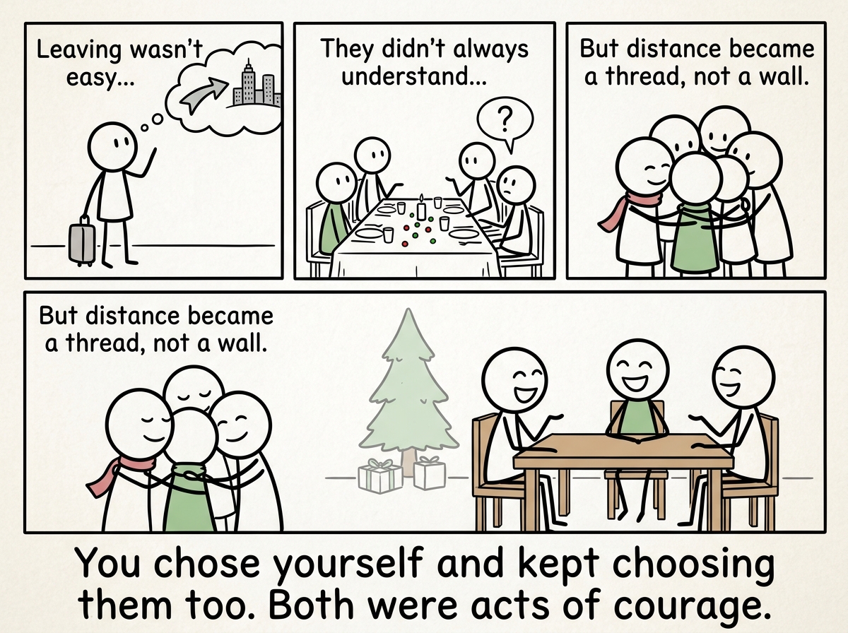 The person visiting home for the holidays, embraced by the family, the distance acknowledged but not a wound anymore -- just part of the story