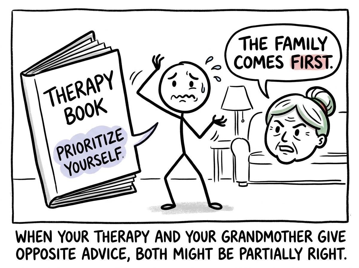 A stick figure caught between a therapy book saying 'prioritize yourself' and a family voice saying 'the family comes first,' looking torn