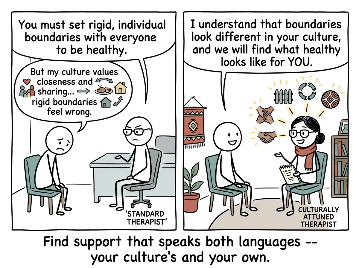 The stick figure finding a culturally attuned therapist who understands that boundaries can look different across cultures