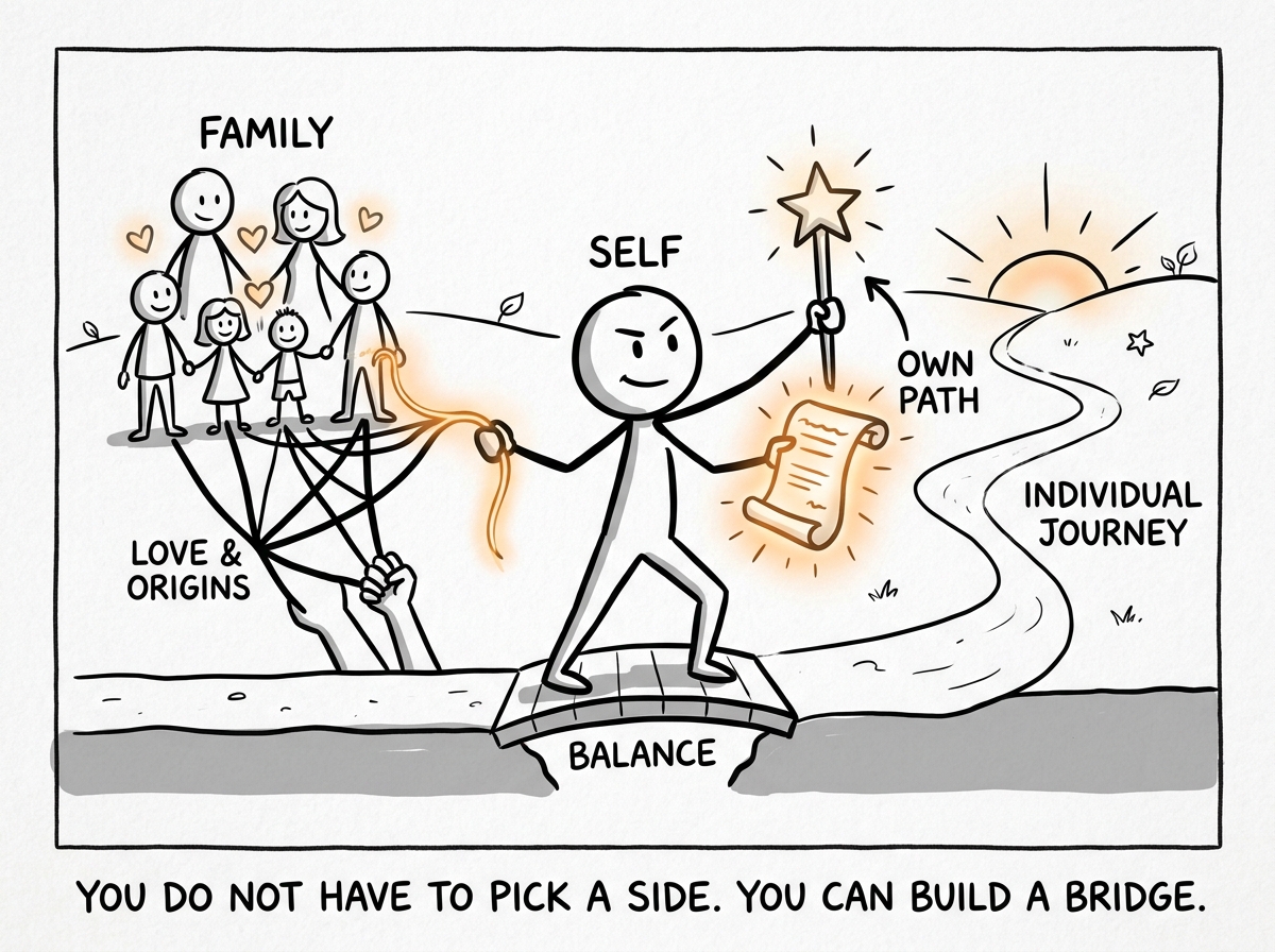 The stick figure connected to their family and also honoring their own path, holding both without choosing one over the other