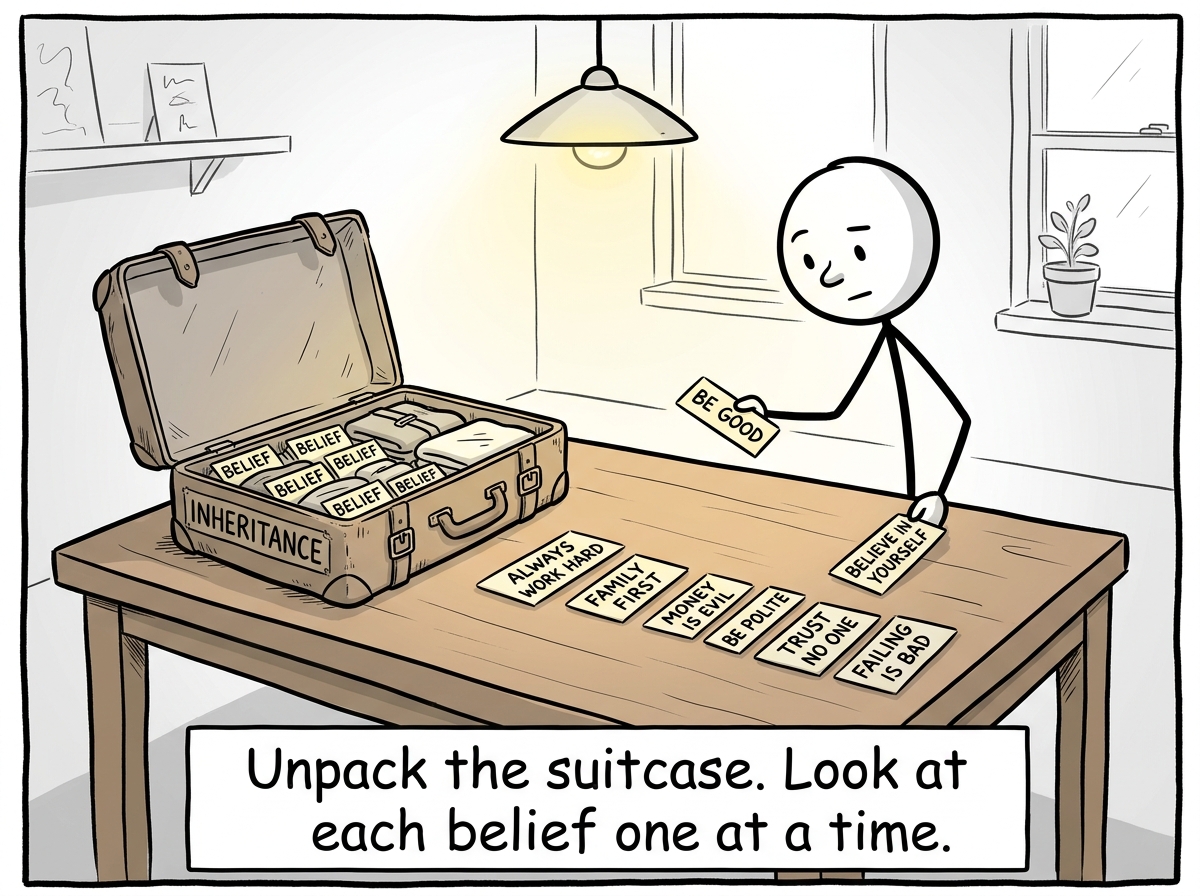 A stick figure opening the inherited suitcase and laying each belief out on a table to examine in the light