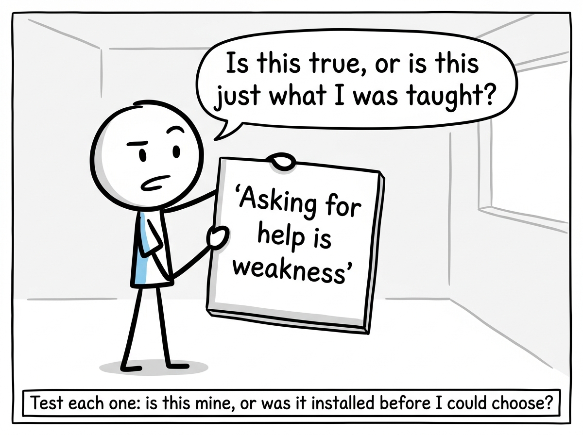 The stick figure holding up a belief labeled 'Asking for help is weakness' and asking 'Is this true, or is this just what I was taught?'