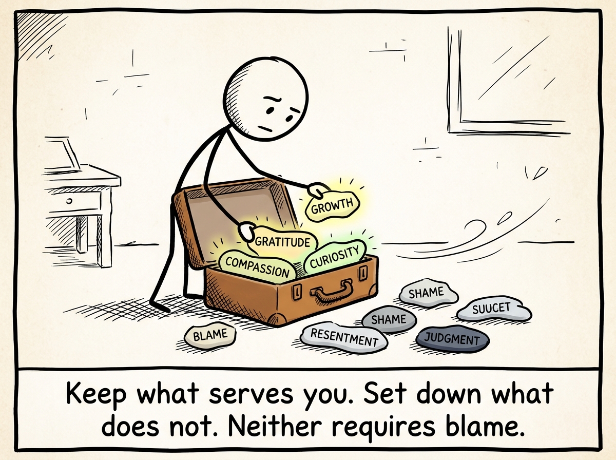 The stick figure placing some beliefs back in the suitcase with care and setting others on the ground, lighter and more intentional