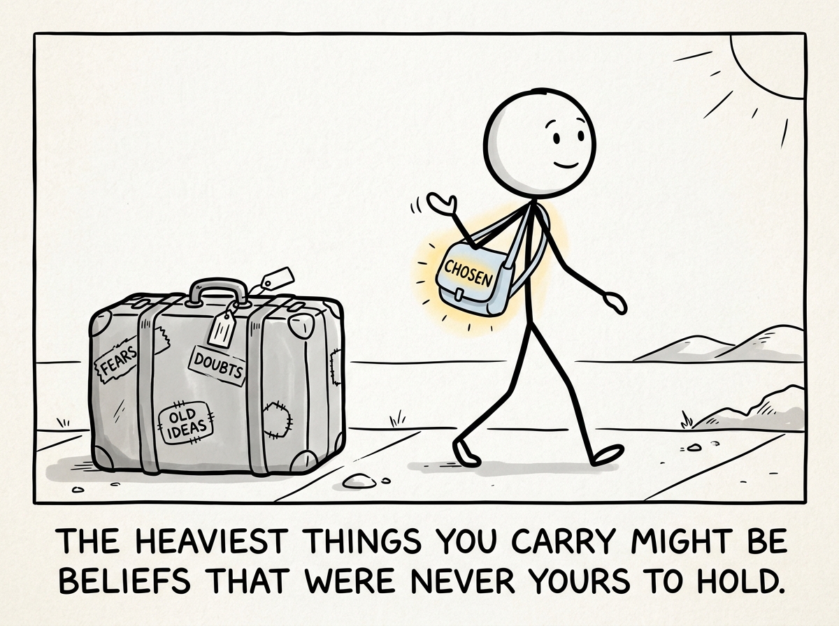 The stick figure walking forward with a smaller bag labeled 'Chosen,' leaving the heavy suitcase behind with gratitude, not anger