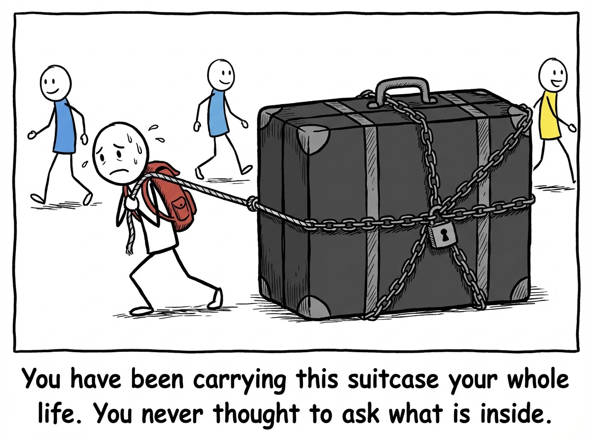 A stick figure trudging through life dragging a massive, heavy suitcase behind them, sweating and straining, while other people around them walk freely