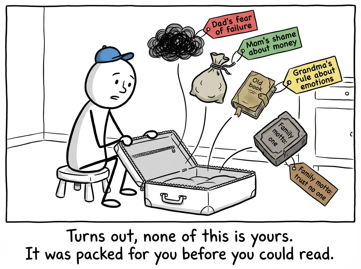 The stick figure finally sitting down and opening the suitcase, discovering items inside labeled 'Dad's fear of failure,' 'Mom's shame about money,' 'Grandma's rule about emotions,' and 'Family motto: trust no one'