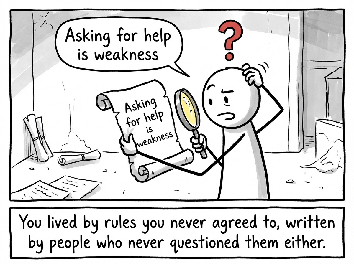 The stick figure holding up a belief labeled 'Asking for help is weakness' and examining it with a confused expression, as if seeing it clearly for the first time