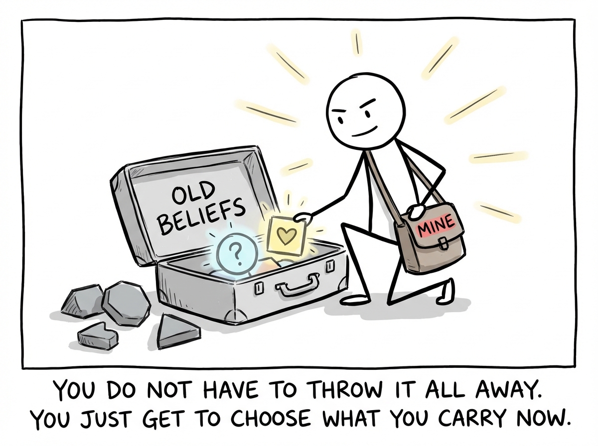 The stick figure carefully placing some beliefs back in the suitcase and setting others on the ground, standing up straighter and lighter, with a smaller bag that reads 'Mine'