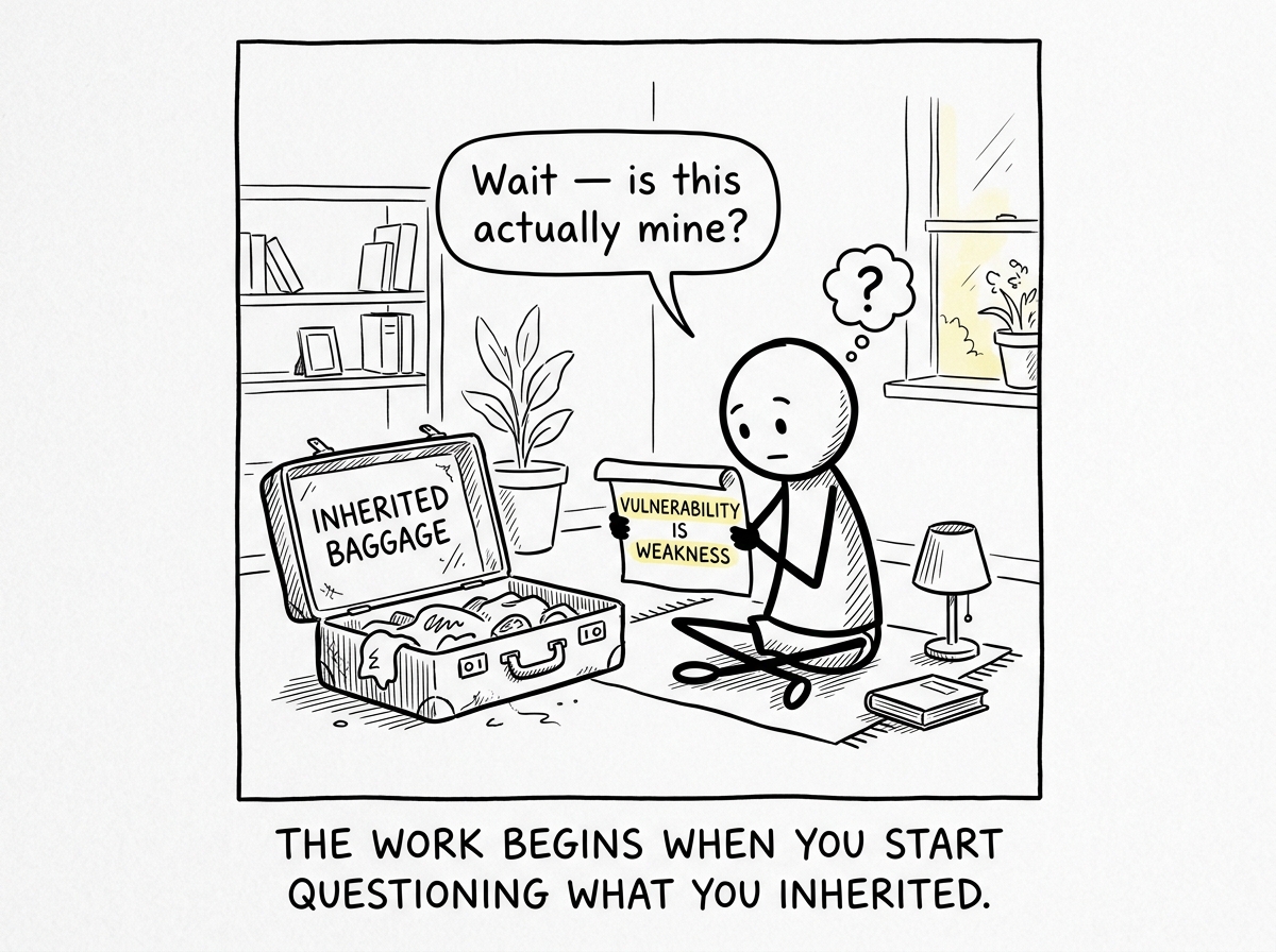 A stick figure sitting quietly with the open suitcase, holding up a belief labeled 'Vulnerability is weakness' and asking out loud 'Wait -- is this actually mine?'